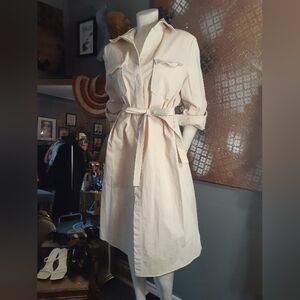 Zara Cotton Blend Midi Shirt Dress In Cream